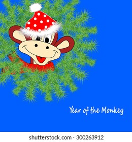 Christmas and New Year's card with an amusing monkey, wreath and place for text. Chinese astrological sign. Symbol of 2016.