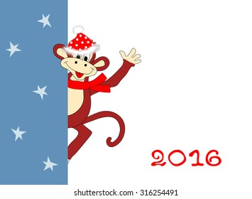 Christmas and New Year's card with amusing monkey, original figures and a place for the congratulatory text. Chinese astrological sign. Symbol of 2016.