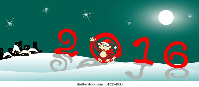 Christmas and New Year's card with amusing monkey and original figures against a night winter landscape. Chinese astrological sign. Symbol of 2016.