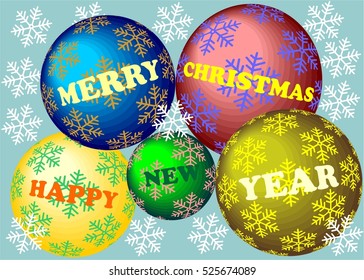 Christmas and New Year's Card with Christmas Balls and Snowflakes