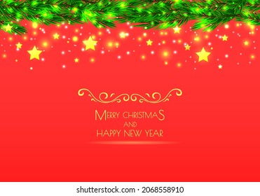 Christmas and New Year's card, banner, sign with spruce branches stars and glitter lights