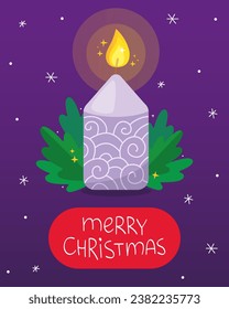 Christmas and New Year's card. Burning light violet candle on a dark purple background. Candle with ornament. Green leaves and small snowflakes. The inscription "Merry Christmas" on the red label.