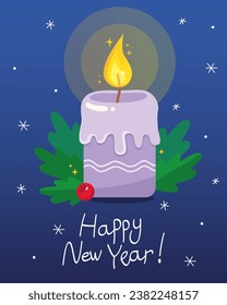 Christmas and New Year's card. Burning Christmas candle on a blue background, green leaves and white snowflakes. The inscription "Happy New Year". 