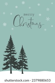 Christmas New Years card with dark silhouettes of pines trees on vintage blue background with white snowflakes and hand lettering Merry Christmas. Farmhouse style