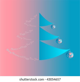 Christmas (New Year's) card with graphic Christmas tree: one half of contour - a congratulatory text, other half - a firtree with colorful  balls.