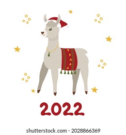 Christmas and New Year's card with a gray llama in a red cap, 2022. Vector clipart, isolated illustration.