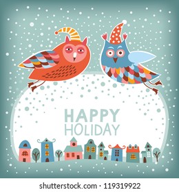 Christmas and New Year's card. Owl is flying over town. Season's greetings