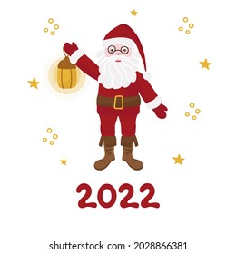 Christmas and New Year's card with Santa Claus, in a red caftan and a hat in 2022. Vector clipart, isolated illustration, on a white background.