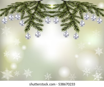 Christmas, New Year's card. Shiny silver balls on fir branches on a festive background. Christmas decorations. vector illustration
