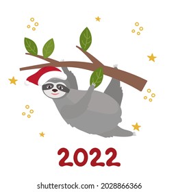 Christmas and New Year's card with a sloth in a red riding hood, 2022. Vector clipart, isolated illustration, on a white background.