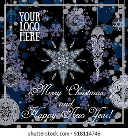 Christmas New Year's card Stars. Silver on black. Vector illustration.