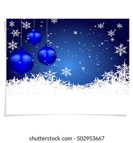 Christmas, New Year's card. Three blue shiny ball on a beautiful Christmas background. Hang among snowflakes. Christmas tree toy. vector illustration