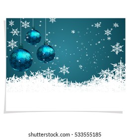 Christmas, New Year's card. Three green shiny ball on a beautiful Christmas background. Hand among snowflakes. Christmas tree toy. vector illustration