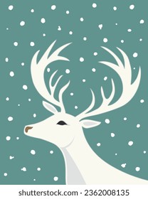 Christmas New Years card with white deer falling snow on teal background. Vintage farmhouse style. Vector illustration