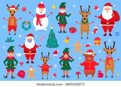 Christmas and New Year's cartoon characters and clipart. Elf, Santa Claus, Gingerbread, bull, snowman and deer