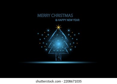 Christmas and New years celebrate concepts. Low polygon and wireframe Christmas tree and a golden star on top. Spike and shiny star on black background. 