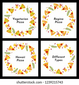 Christmas and New Years circle frames with pizza. Backgrounds for pizzeria menu, marketing materials, invitations cards, advertisements, postcards