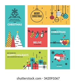 Christmas and New Year's collection. Flat line design vector illustrations for greeting cards, website banners and badges, gift tags and marketing material.