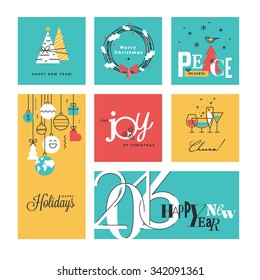 Christmas and New Year's collection. Flat line design vector illustrations for greeting cards, website banners and badges, gift tags and marketing material.