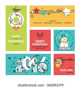 Christmas and New Year's collection. Flat line design vector illustrations for greeting cards, website banners and badges, gift tags and marketing material.