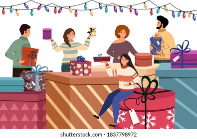 Christmas and New Years concept. People are holding gift boxes and standing between gifts.