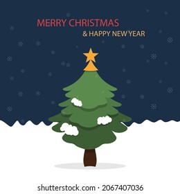 Christmas and New years concept. Christmas tree with yellow star on top with snow and dark sky. Winter is coming.  