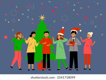 Christmas and New Year's corporate party. Positive men and women. Happy people celebrating holiday. A team of friends celebrate a holiday. Christmas concept. Christmas party. Vector illustration