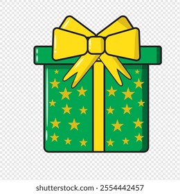 Christmas and New Year's Day, green gift boxes and glittering stars. Gold ribbon on a white background