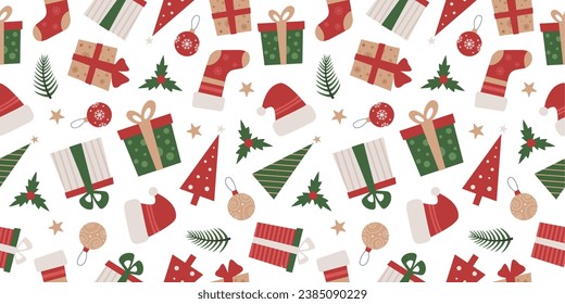 Christmas and New Year's Day seamless pattern with flat drawings, symbols of the winter holidays, wrapping paper. Vector illustration.