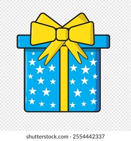 Christmas and New Year's Day, the sky-blue gift box and white glittering stars resemble the light of god. Shining gold ribbon on a white background