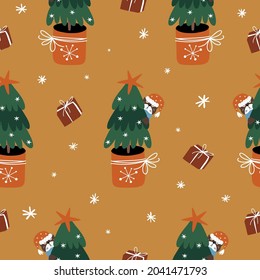 Christmas and New Year's decor with cat. Seamless pattern with funny cat. Vector illustration.