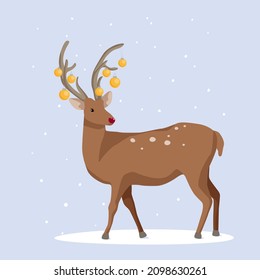 Christmas and New Year's design deer with New Year's toys on the horns. Winter holiday postcard.