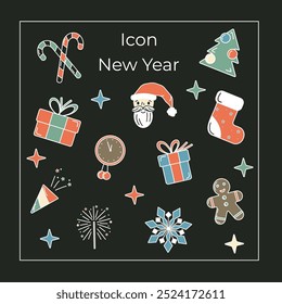 Christmas and New Year's doodles. Snowflake, sock, Christmas tree, firecracker, gift,watch, lollipops, gingerbread man, sparkler in vector. For icons, design of postcards, invitations, stickers.