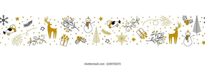 La interminable frontera de Navidad y Año Nuevo. Venado, pájaro, muñeco de nieve, regalo, fuegos artificiales y árbol de Navidad. Patrón de repetición sin problemas. Doodles de dibujos animados. Patrón vectorial, diseño para textiles, embalaje, papel