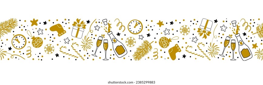 La interminable frontera de Navidad y Año Nuevo. Relojes, champán, copas de vino, un regalo. Patrón de repetición sin problemas. Doodles de dibujos animados. Patrón vectorial para textiles, embalaje, papel de fondo blanco.