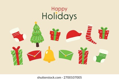 Christmas and New Year's endless border with cute winter decor elements on a green background. Seamless vector repeating pattern. Flat cartoon illustration for textiles, postcards, banners, posters,