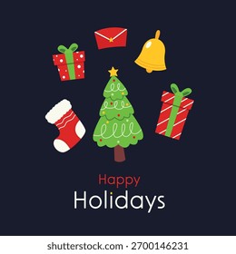 Navidades y frontera sin fin del año Nuevo con Elementos lindos de la decoración del invierno en un fondo verde. Patrón de repetición de Vector sin fisuras. Ilustración plana de dibujos animados para textiles, postales, Anuncios, carteles,