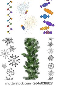 Christmas and New Year's endless vertical border with cute winter decor elements seamless border set. Vector graphic line ink illustration. for textiles, postcards, banners, posters, social media
