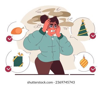 Christmas and New Year's Eve celebration. Nervous female character stresses out about holiday night preparations. Checking out festive traditions. Flat vector illustration