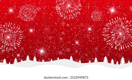 Christmas New Year's Eve landscape with copyspace. Red festive banner with snowfall and fireworks. Vetor illustration.