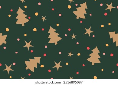 Navidad, patrón sin fisuras de la víspera del año Nuevo con el árbol de navidad, las estrellas y los puntos; grande para envolver, tarjetas de felicitación, gráficos de las redes sociales - Ilustración vectorial