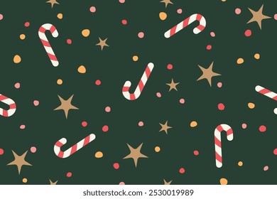 christmas, New Year's Eve seamless pattern with christmas candy canes, stars and dots; great for wrapping, greeting cards, social media graphics- vector illustration