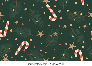 christmas, New Year's Eve seamless pattern with christmas candy canes, fir tree branches, stars and dots; great for wrapping, greeting cards, social media graphics- vector illustration