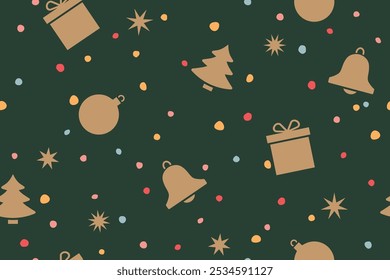 christmas, New Year's Eve seamless pattern with christmas tree, baubles, bell, gift, stars and colorful dots; great for wrapping, greeting cards, social media graphics- vector illustration