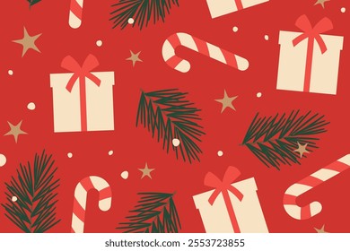 christmas, New Year's Eve seamless pattern with christmas candy canes, fir tree branches, gift boxes, stars and dots; great for wrapping, greeting cards, social media graphics- vector illustration