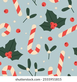 christmas, New Year's Eve seamless pattern with candy canes, mistletoe twigs, holly berries and snow; great for wrapping, greeting cards, social media graphics- vector illustration