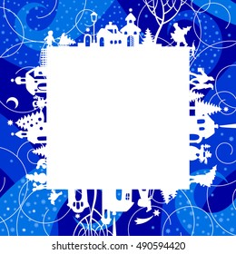 Christmas and New Year's frame and greetings card with silhouette of houses and people on blue snowfall background. Vector illustration