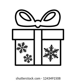Christmas or new year's gift box line icon. Winter holiday box with snowflakes containing presents and gifts. Vector Illustration