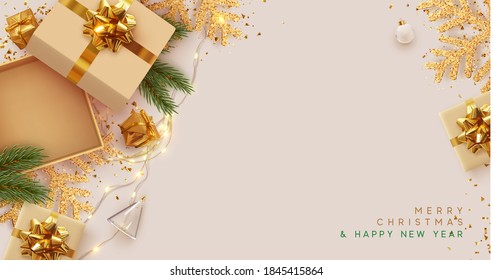 Christmas and New Year's gift composition. Empty Open gift box template. Xmas design Realistic decorative object. Sale banner, surprise poster, flyer and brochure. mock up holiday. Vector illustration