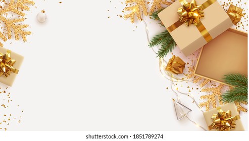 Christmas and New Year's gift composition. Empty Open gift box template. Xmas design Realistic decorative object. Sale banner, surprise poster, flyer and brochure. mock up holiday. Vector illustration